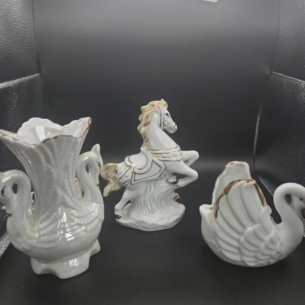 Porcelain Swan and Horse Figurines with Floral Accents Vintage